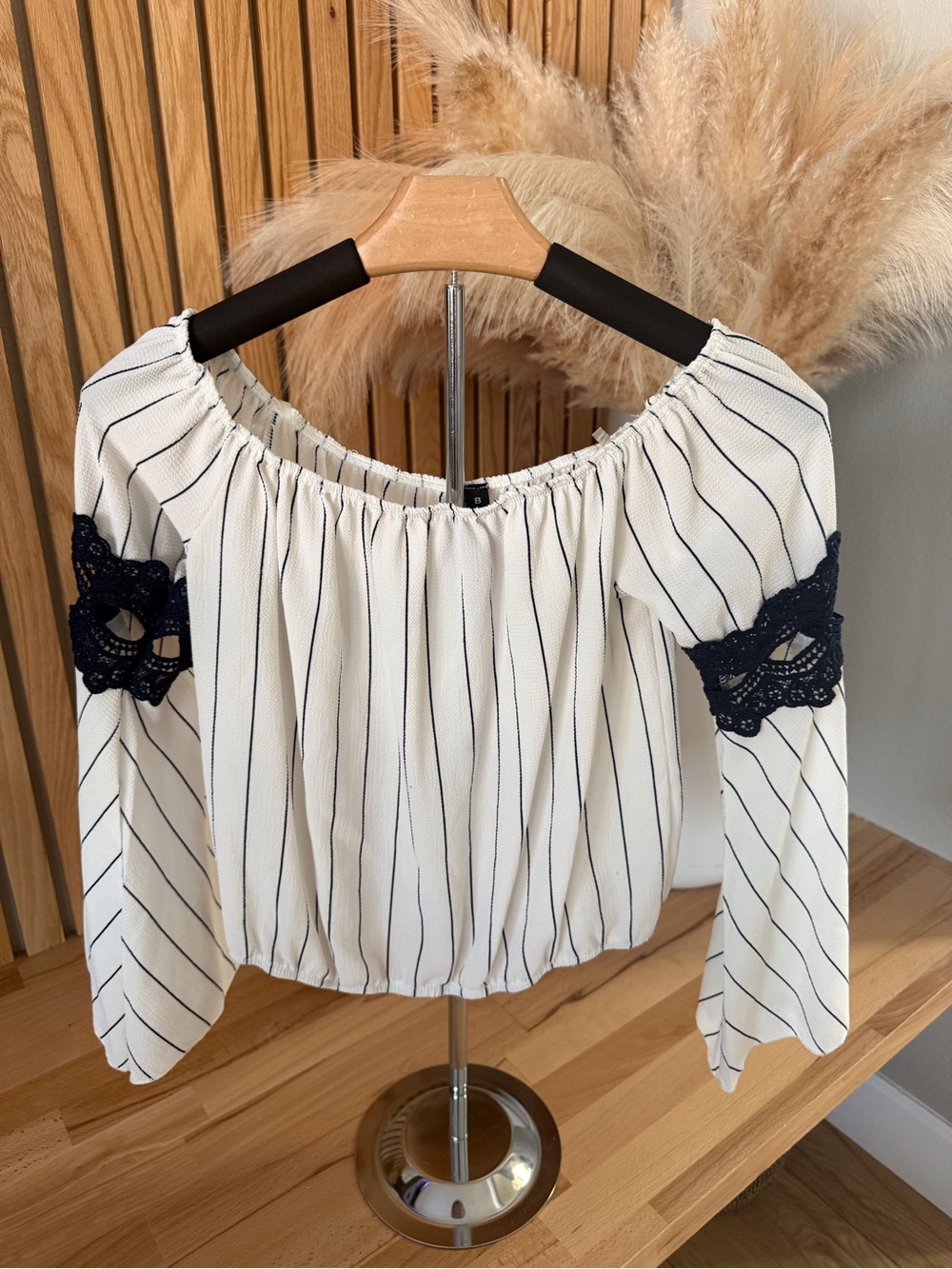 Women’s Off-Shoulder Striped Blouse with Navy Lace Sleeves